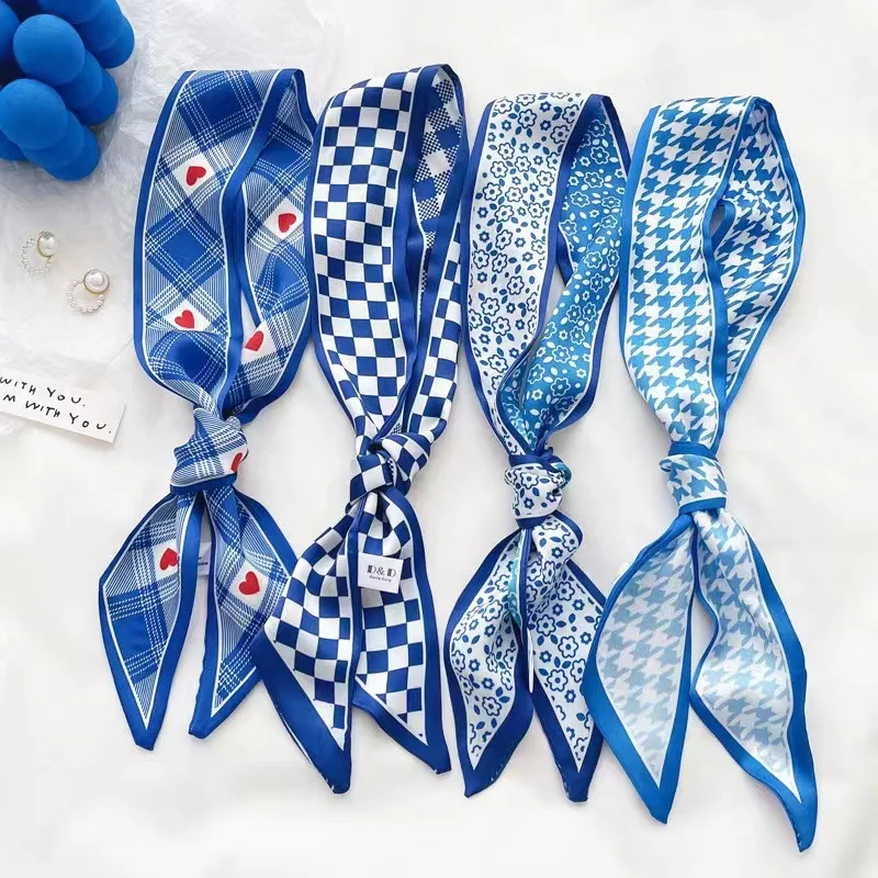 Silk Neck Scarf - Klein blauwe zijden sjaal nieuwe schaakbordhoofdband